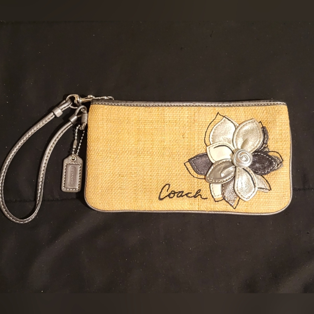 Coach Straw, Silver, Black, White, and Metalic Floral Design Rectangle Wristlet